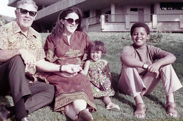 Maya Soetoro, the daughter of Barack’s mother and her second husband, Lolo Soetoro, sits beside the young Barack, Ann and grandfather Stanley Dunham in this photograph taken in Hawaii the early 1970s.